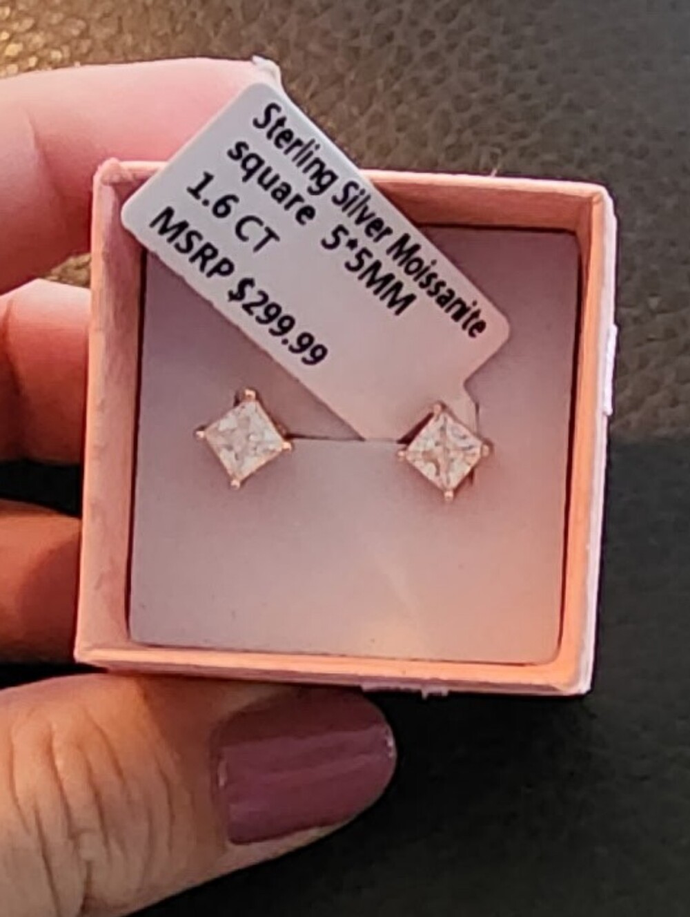 Sterling Silver Moissanite Square Stud Earrings - Pink